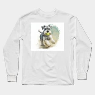 Miniature Schnauzer Playing Ball Watercolour Painting Long Sleeve T-Shirt